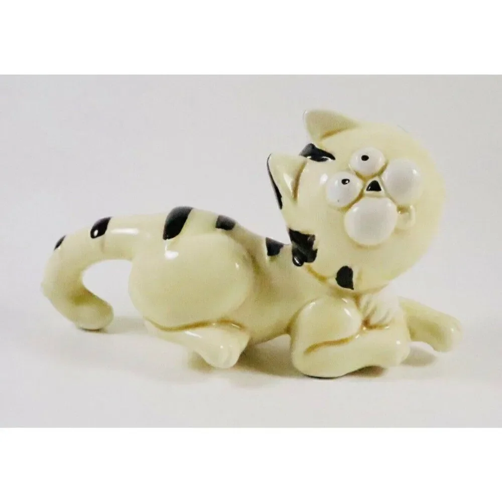 Vintage Ceramic Striped Funny Face Cat Figurine Silly Kitty Chubby Cheeks Kawaii